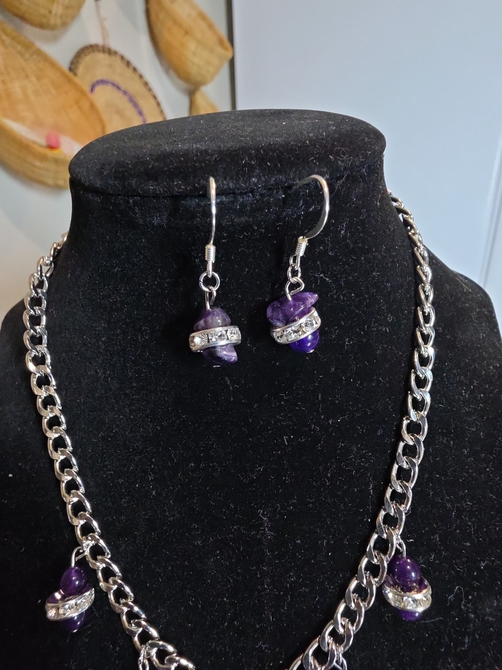 Handmade Amethyst & Rhinestone Drop Necklace Set - Picture 2 of 3